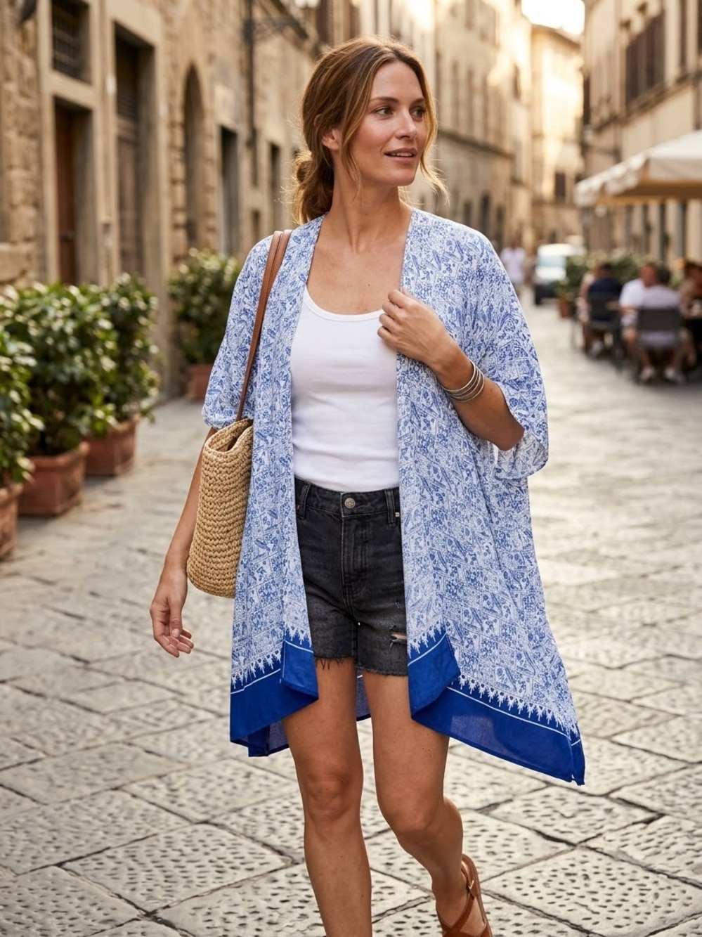 Cabi Blue Playa Kimono Cardigan Open Front Beach Cover Up OS 5988 Blue White
